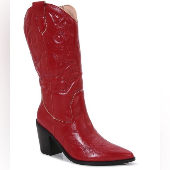 NEW! Easy slip on Vibrant Red Western Leather Boots with black heel - Picture 4 of 8